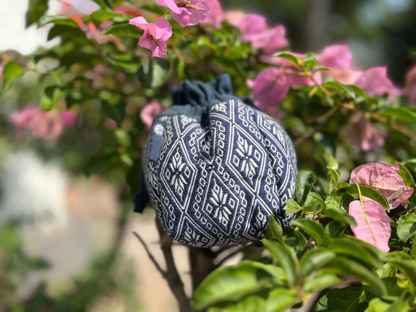 Natural Plant Dye Cotton Drawstring Pouch with Octagonal Flower Pattern, Unique Pattern Pouch Bag, Cosmetics Bag, Storage Bag