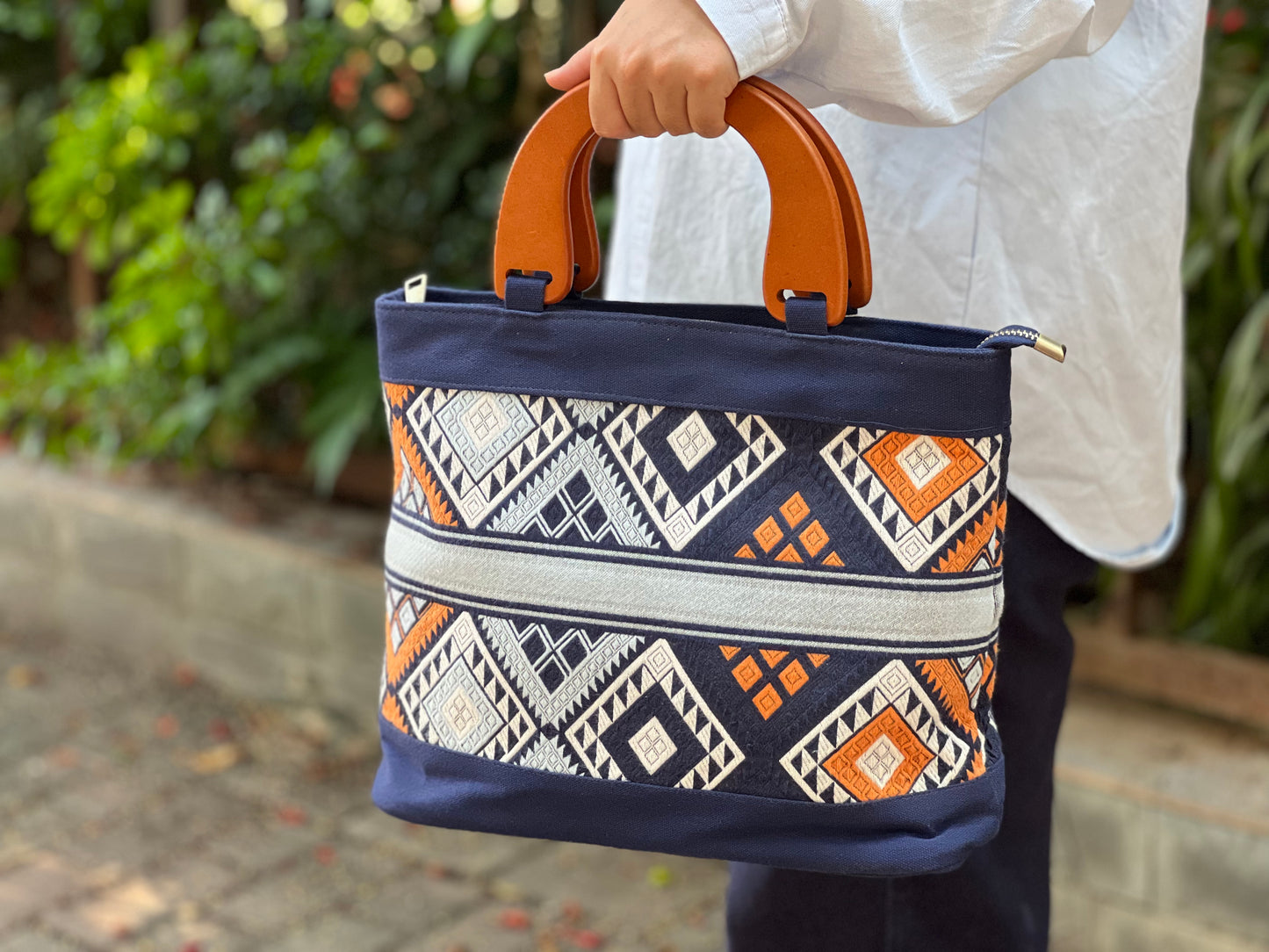 Handmade Natural Plant Dye Cotton Briefcase with Octagonal Flower Pattern, Unique Pattern Handbag, PU Handle Bag for MacBook 13"