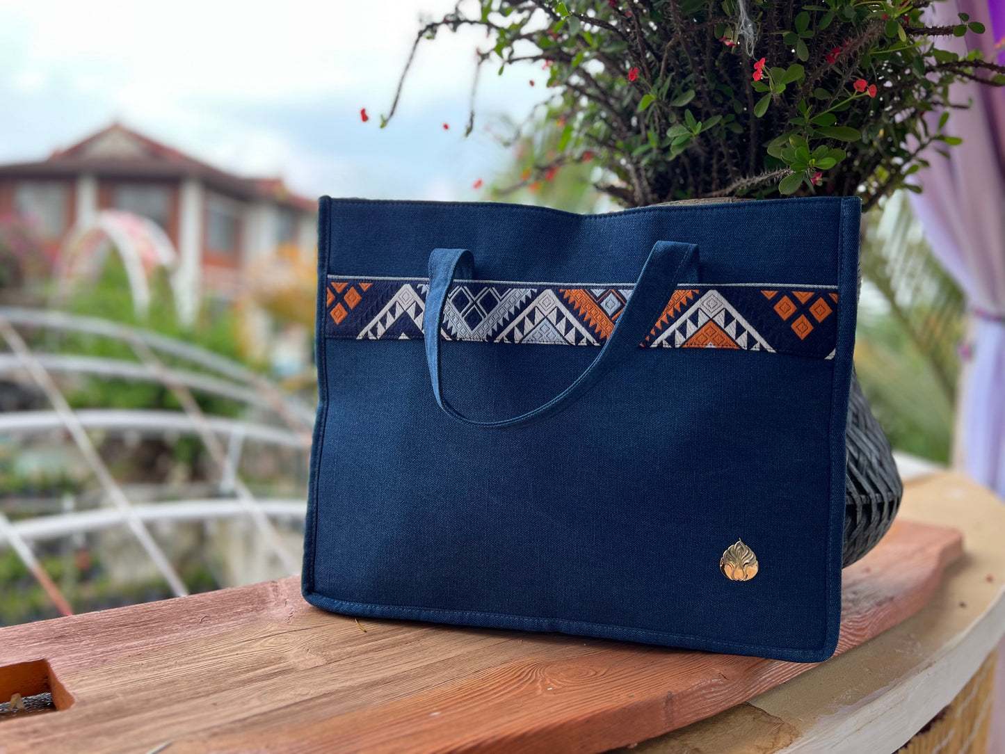 Handmade Natural Plant Dyed Cotton Briefcase with Octagonal Flower Pattern, Unique Pattern Handbag, Shoulder Bag for MacBook 13" Laptop