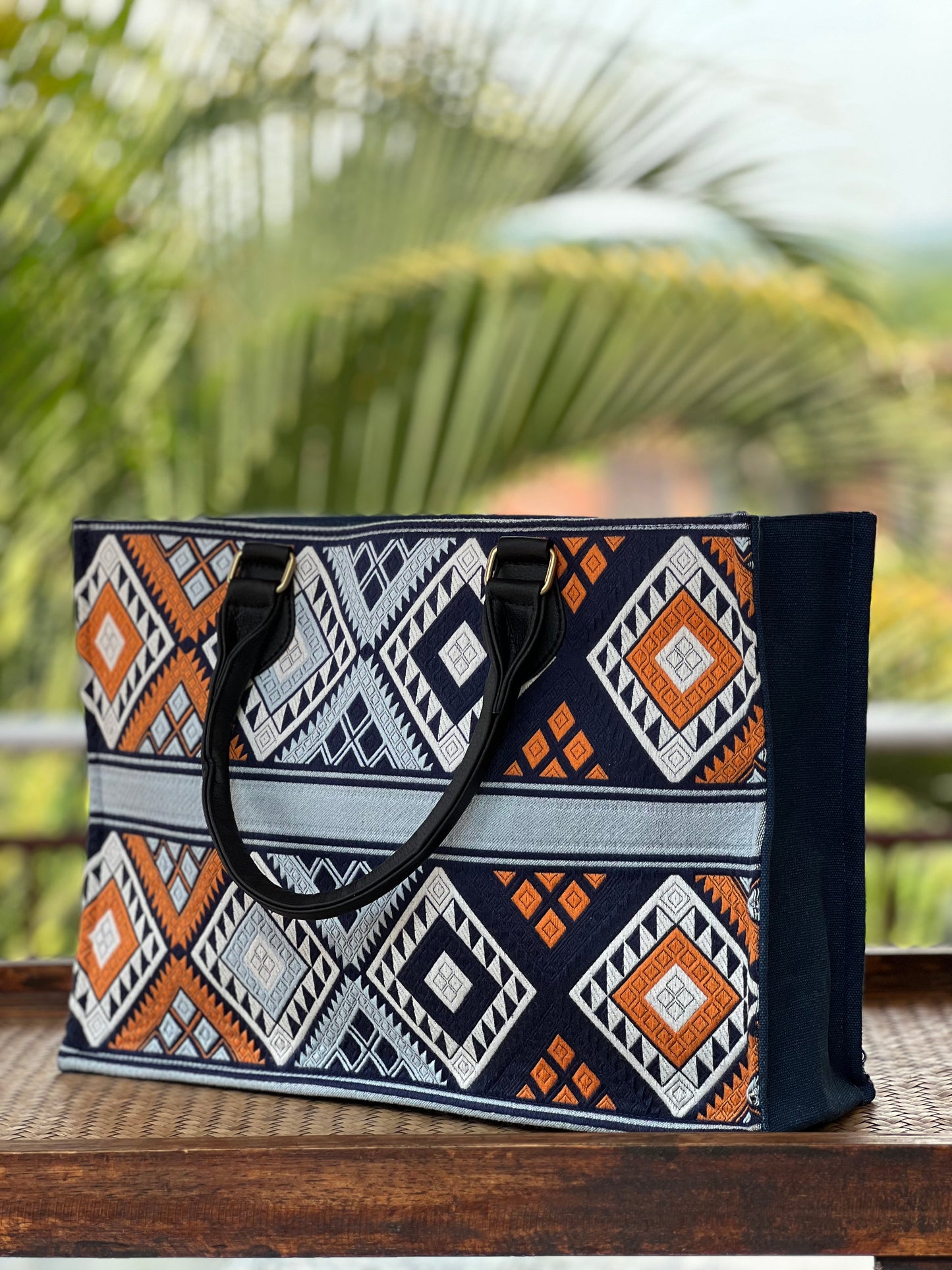 Handmade Natural Plant Dyed Cotton Briefcase with Octagonal Flower Pattern, Unique Pattern Handbag, Zipper Handle Bag for MacBook 13"