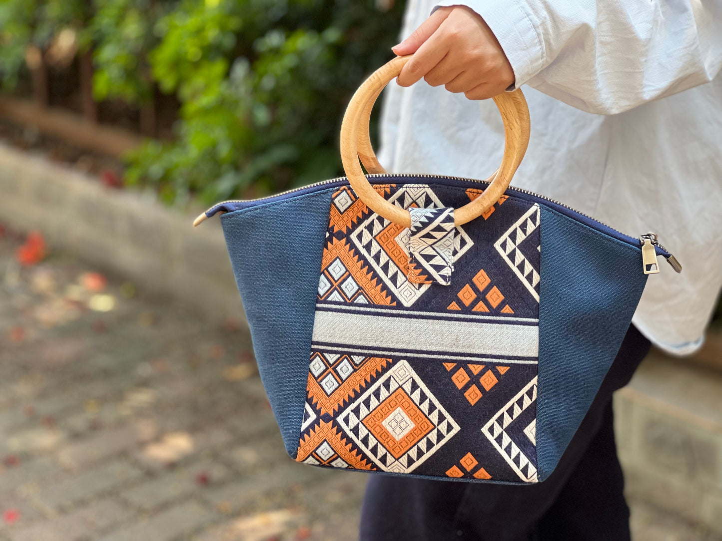 Handmade Natural Plant Dyed Cotton Briefcase with Octagonal Flower Pattern, Unique Pattern Handbag, Bamboo Handle Bag for MacBook 13"