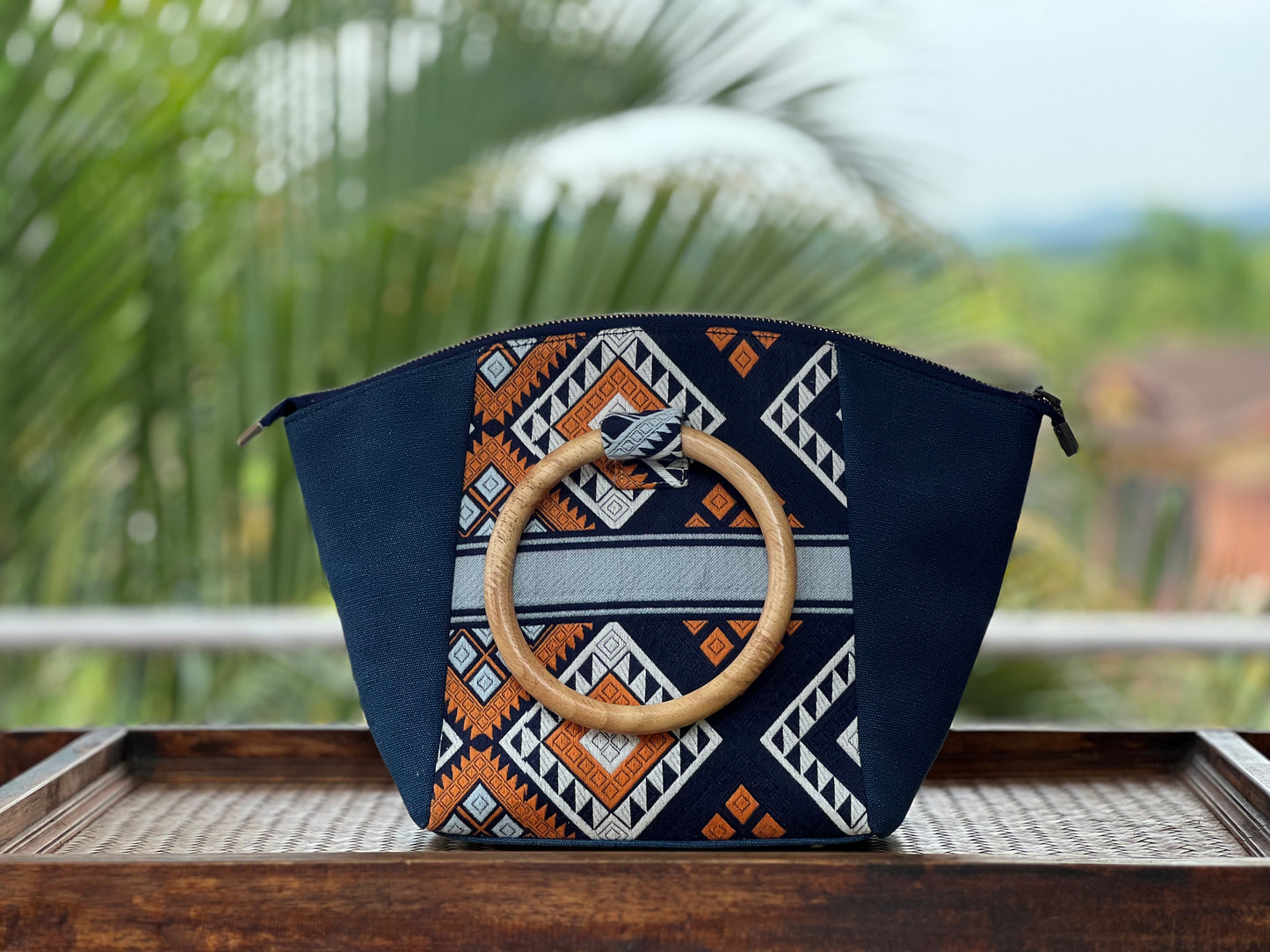 Handmade Natural Plant Dyed Cotton Briefcase with Octagonal Flower Pattern, Unique Pattern Handbag, Bamboo Handle Bag for MacBook 13"
