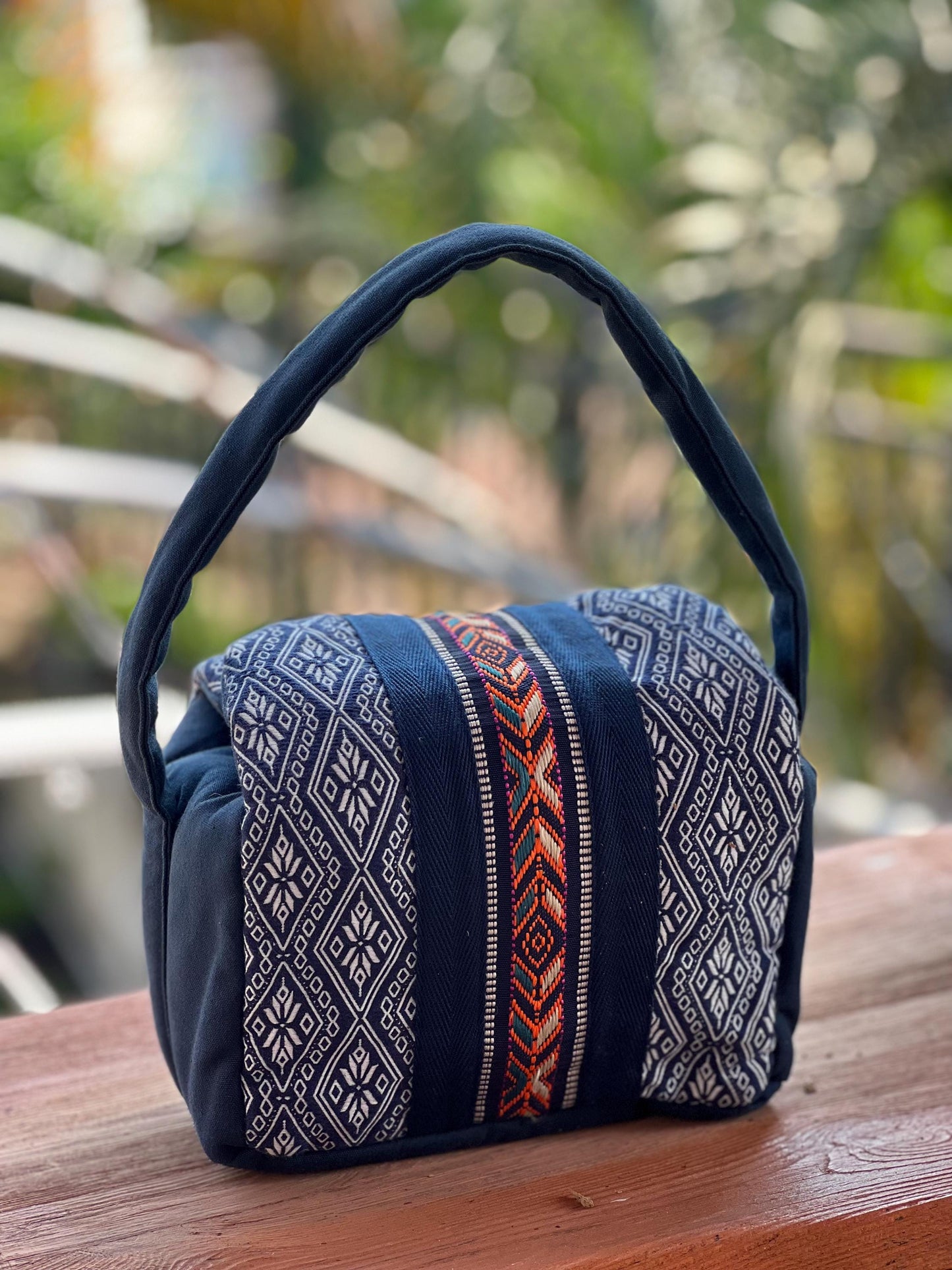 Handmade Natural Plant Dyed Cotton Handbag with Octagonal Flower Pattern, Unique Pattern Casual Bag with Flip Cover Closure, Top Handle Bag