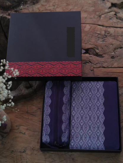 Natural Plant Dyed Cotton Notebook & Pen Case Kit with Octagonal Flower Pattern, Unique Pattern Office Kit Blue, Graduation Gift Combo