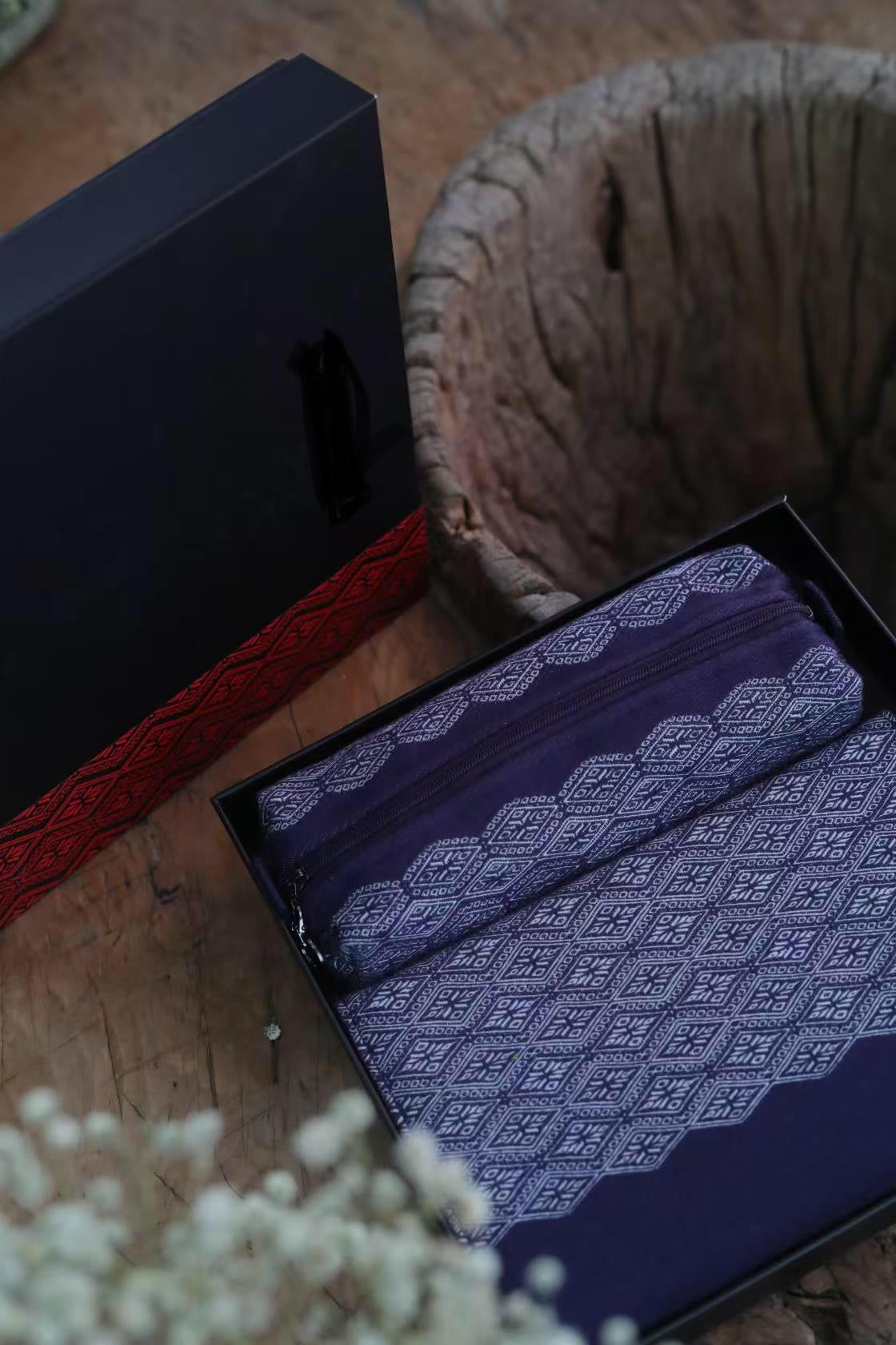 Natural Plant Dyed Cotton Notebook & Pen Case Kit with Octagonal Flower Pattern, Unique Pattern Office Kit Blue, Graduation Gift Combo
