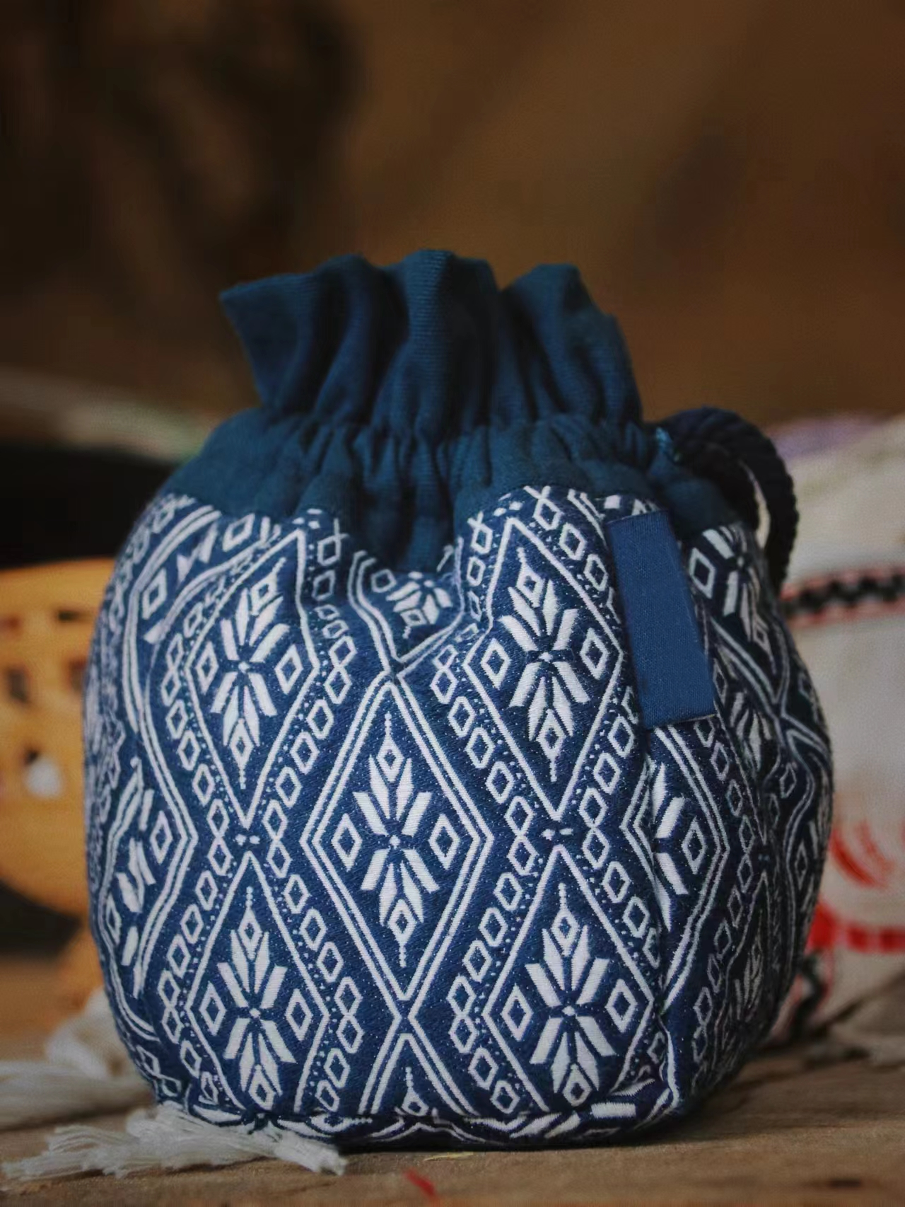 Natural Plant Dye Cotton Drawstring Pouch with Octagonal Flower Pattern, Unique Pattern Pouch Bag, Cosmetics Bag, Storage Bag