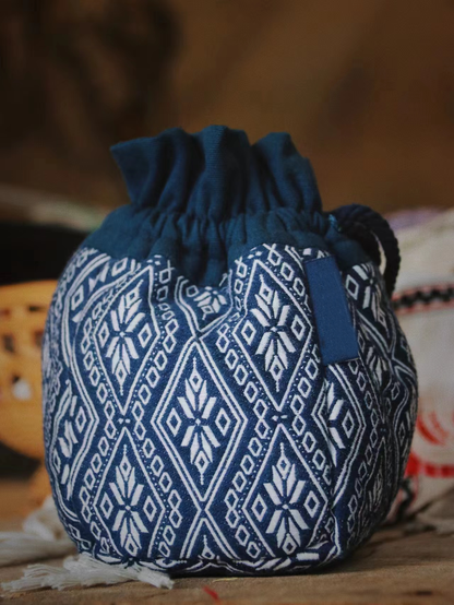 Natural Plant Dye Cotton Drawstring Pouch with Octagonal Flower Pattern, Unique Pattern Pouch Bag, Cosmetics Bag, Storage Bag