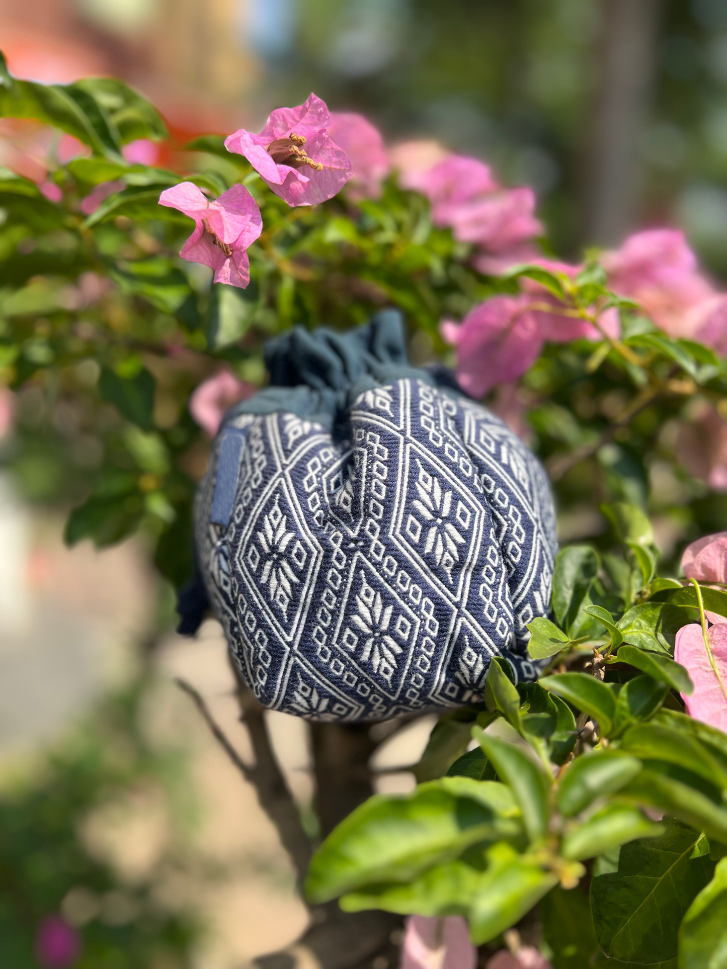 Natural Plant Dye Cotton Drawstring Pouch with Octagonal Flower Pattern, Unique Pattern Pouch Bag, Cosmetics Bag, Storage Bag