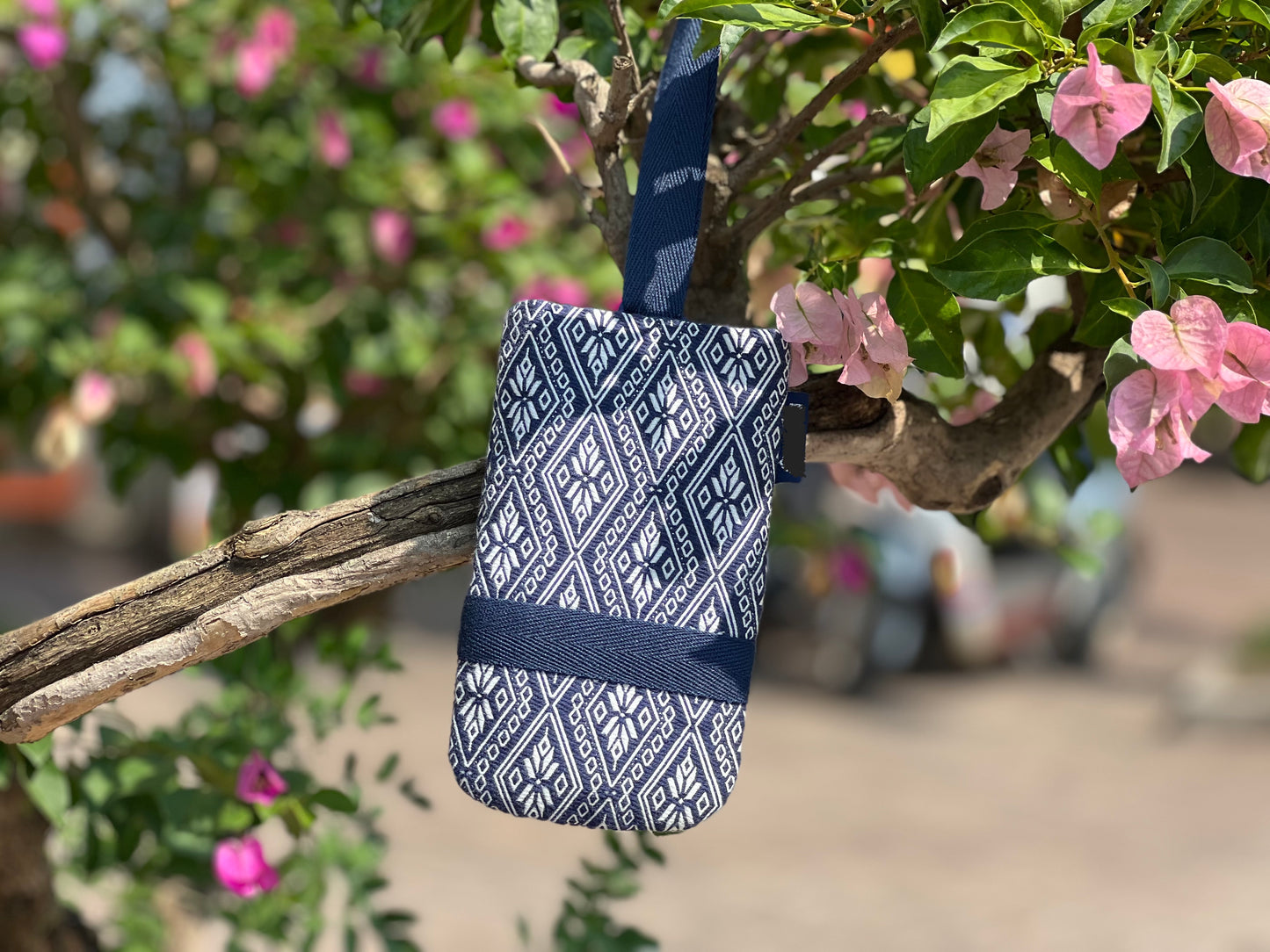 Natural Plant Dyed Cotton iPhone Holder with Octagonal Flower Pattern, Unique Pattern Smartphone Pocket with Strap, Blue iPhone Pocket, Gift