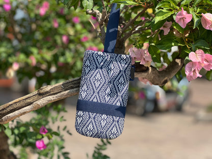 Natural Plant Dyed Cotton iPhone Holder with Octagonal Flower Pattern, Unique Pattern Smartphone Pocket with Strap, Blue iPhone Pocket, Gift
