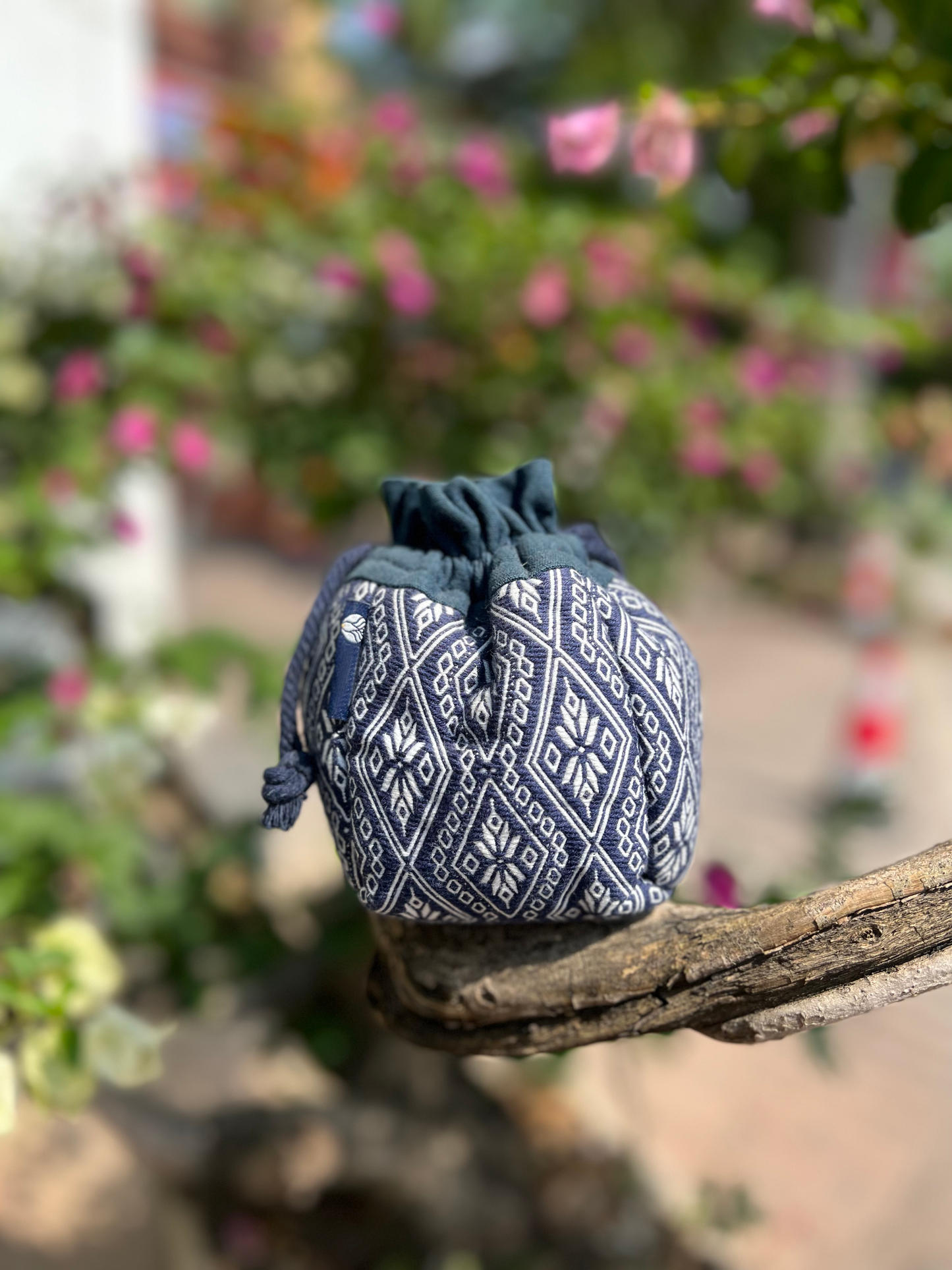 Natural Plant Dye Cotton Drawstring Pouch with Octagonal Flower Pattern, Unique Pattern Pouch Bag, Cosmetics Bag, Storage Bag