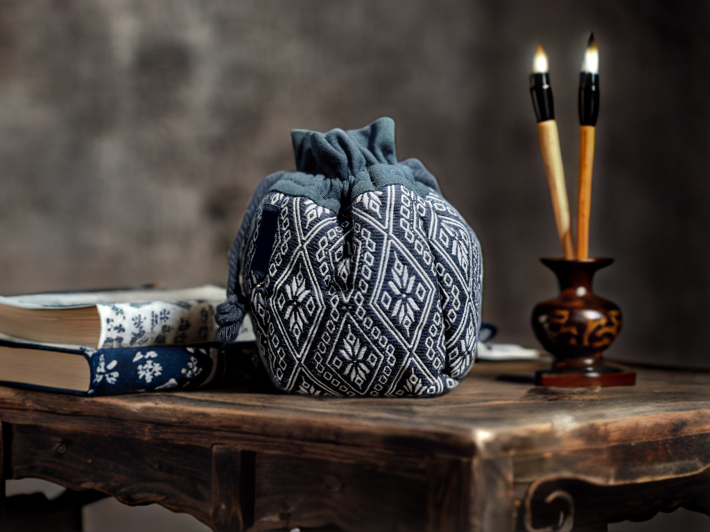Natural Plant Dye Cotton Drawstring Pouch with Octagonal Flower Pattern, Unique Pattern Pouch Bag, Cosmetics Bag, Storage Bag