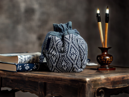 Natural Plant Dye Cotton Drawstring Pouch with Octagonal Flower Pattern, Unique Pattern Pouch Bag, Cosmetics Bag, Storage Bag