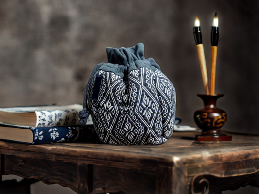 Natural Plant Dye Cotton Drawstring Pouch with Octagonal Flower Pattern, Unique Pattern Pouch Bag, Cosmetics Bag, Storage Bag