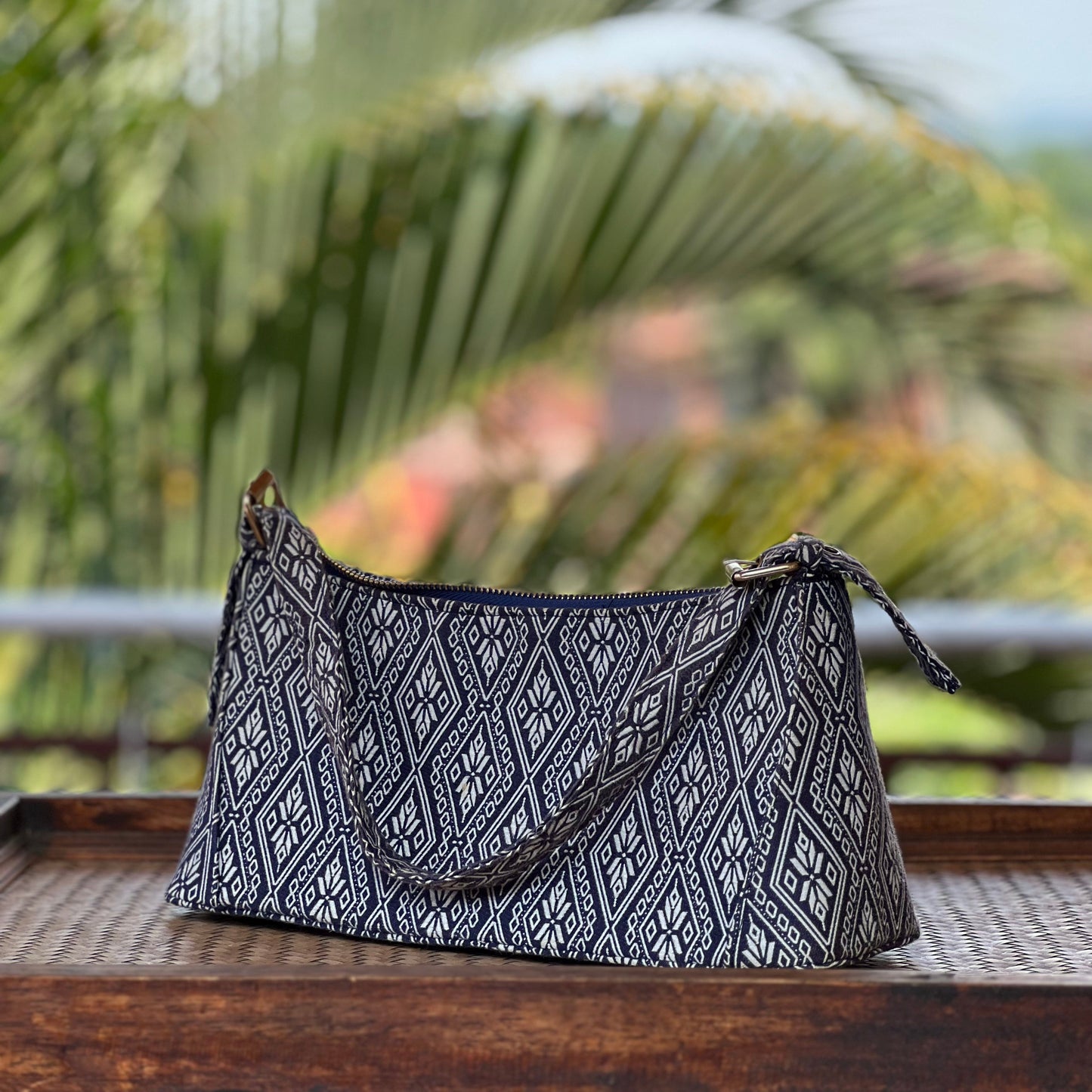 Handmade Natural Plant Dyed Cotton Underarm Bag with Octagonal Flower Pattern, Unique Pattern Shoulder Bag for Women, Blue, Gift for Her