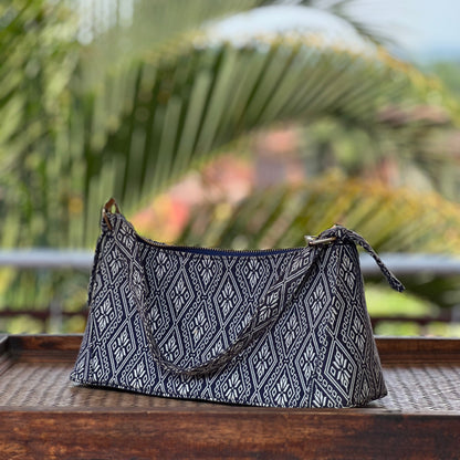 Handmade Natural Plant Dyed Cotton Underarm Bag with Octagonal Flower Pattern, Unique Pattern Shoulder Bag for Women, Blue, Gift for Her