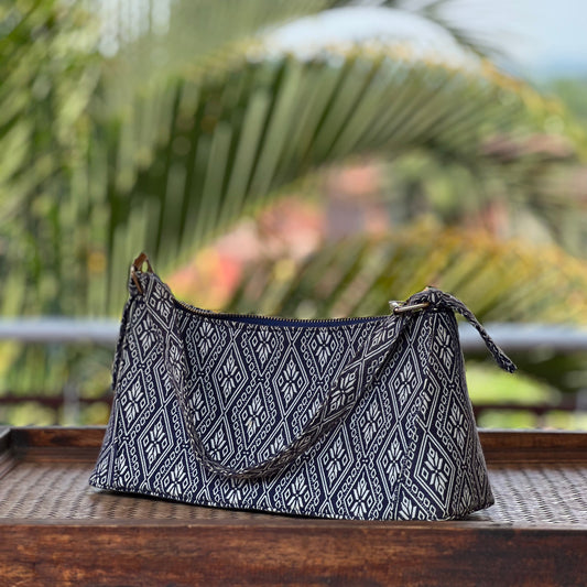Handmade Natural Plant Dyed Cotton Underarm Bag with Octagonal Flower Pattern, Unique Pattern Shoulder Bag for Women, Blue, Gift for Her
