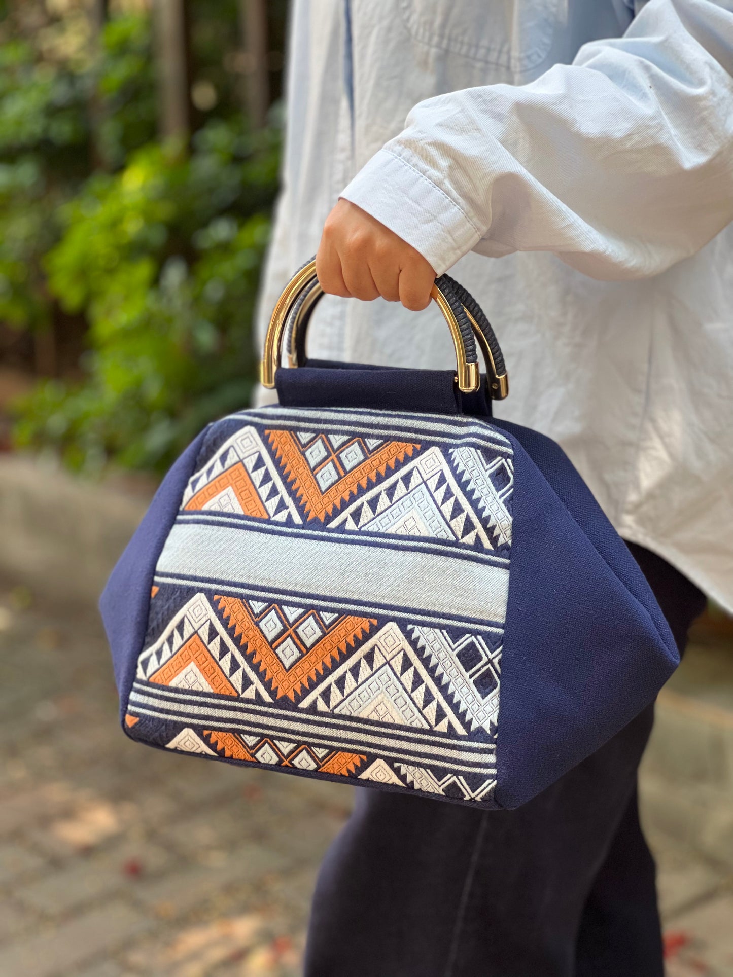 Handmade Natural Plant Dyed Cotton Handbag with Octagonal Flower Pattern, Unique Pattern Handle Bag for Women, Blue, Gift for Her