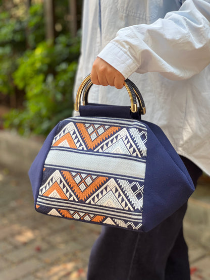 Handmade Natural Plant Dyed Cotton Handbag with Octagonal Flower Pattern, Unique Pattern Handle Bag for Women, Blue, Gift for Her