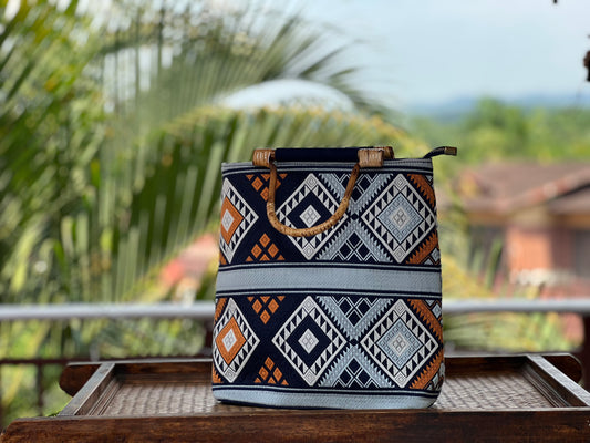 Handmade Natural Plant Dyed Cotton Briefcase with Octagonal Flower Pattern, Unique Pattern Handbag, Bamboo Handle Bag for MacBook 11"