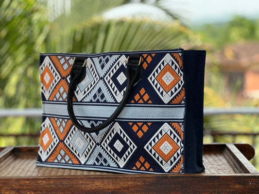 Handmade Natural Plant Dyed Cotton Briefcase with Octagonal Flower Pattern, Unique Pattern Handbag, Zipper Handle Bag for MacBook 13"