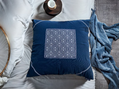 Natural Plant Dyed Cotton Cushion Case with Octagonal Flower Pattern, Unique Floral Pattern Pillowcase Blue, Throw Pillow Cover