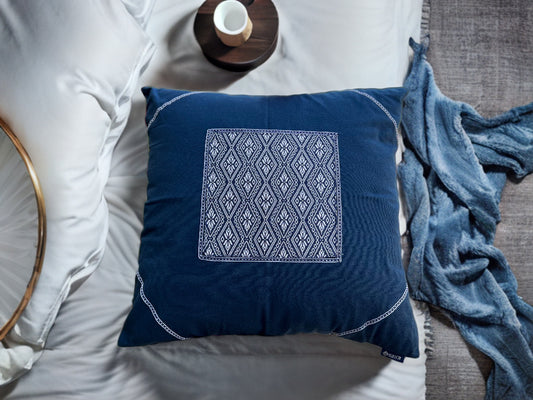 Natural Plant Dyed Cotton Cushion Case with Octagonal Flower Pattern, Unique Floral Pattern Pillowcase Blue, Throw Pillow Cover