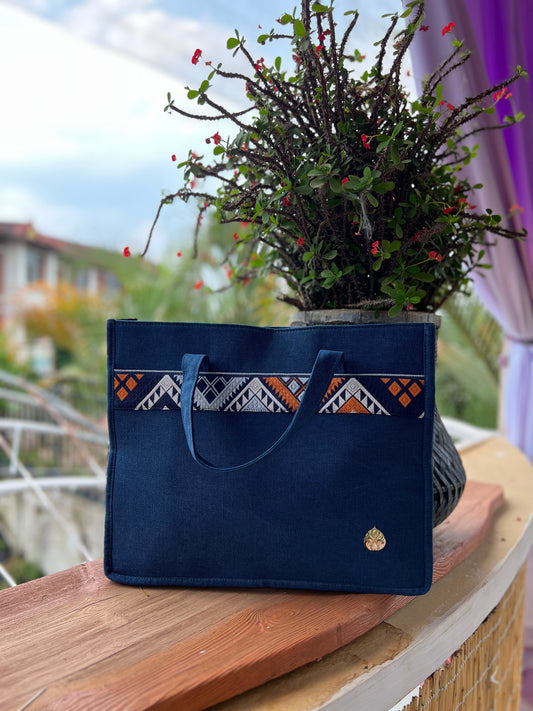 Handmade Natural Plant Dyed Cotton Briefcase with Octagonal Flower Pattern, Unique Pattern Handbag, Shoulder Bag for MacBook 13" Laptop