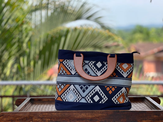 Handmade Natural Plant Dye Cotton Briefcase with Octagonal Flower Pattern, Unique Pattern Handbag, PU Handle Bag for MacBook 13"