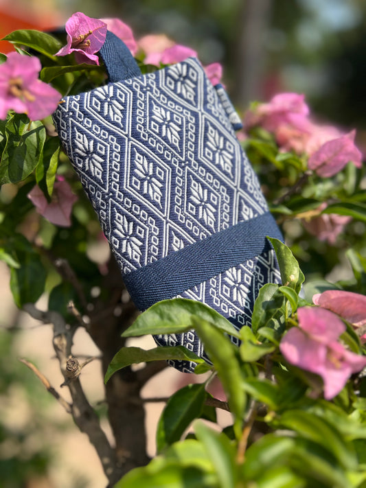 Natural Plant Dyed Cotton iPhone Holder with Octagonal Flower Pattern, Unique Pattern Smartphone Pocket with Strap, Blue iPhone Pocket, Gift