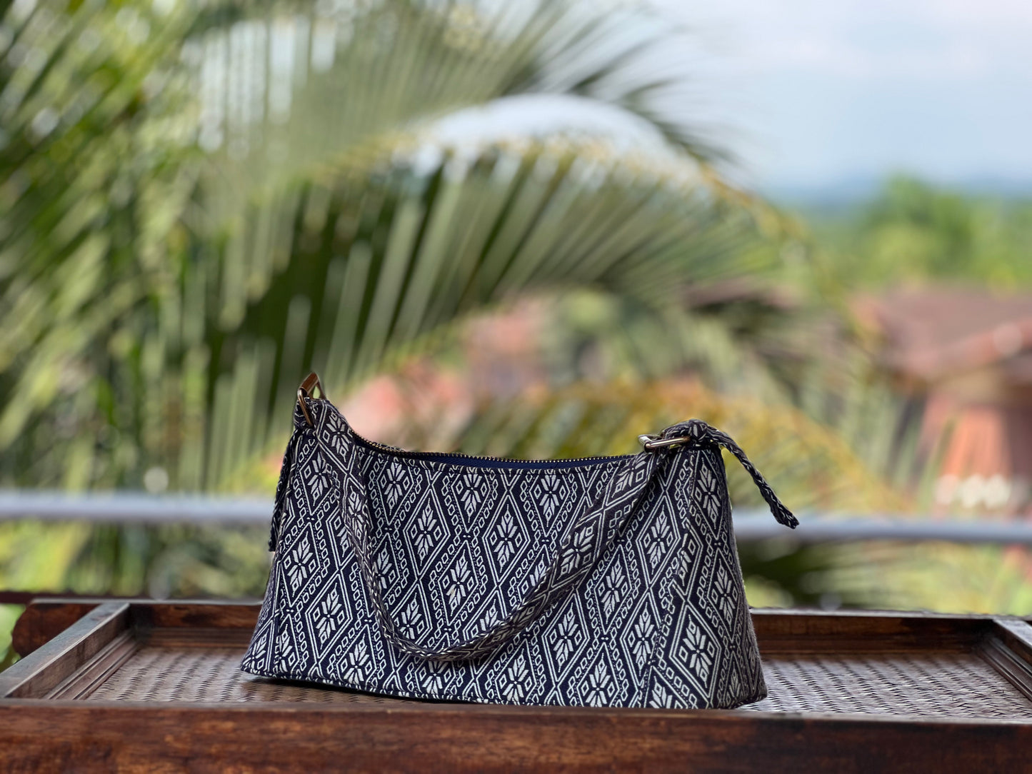 Handmade Natural Plant Dyed Cotton Underarm Bag with Octagonal Flower Pattern, Unique Pattern Shoulder Bag for Women, Blue, Gift for Her