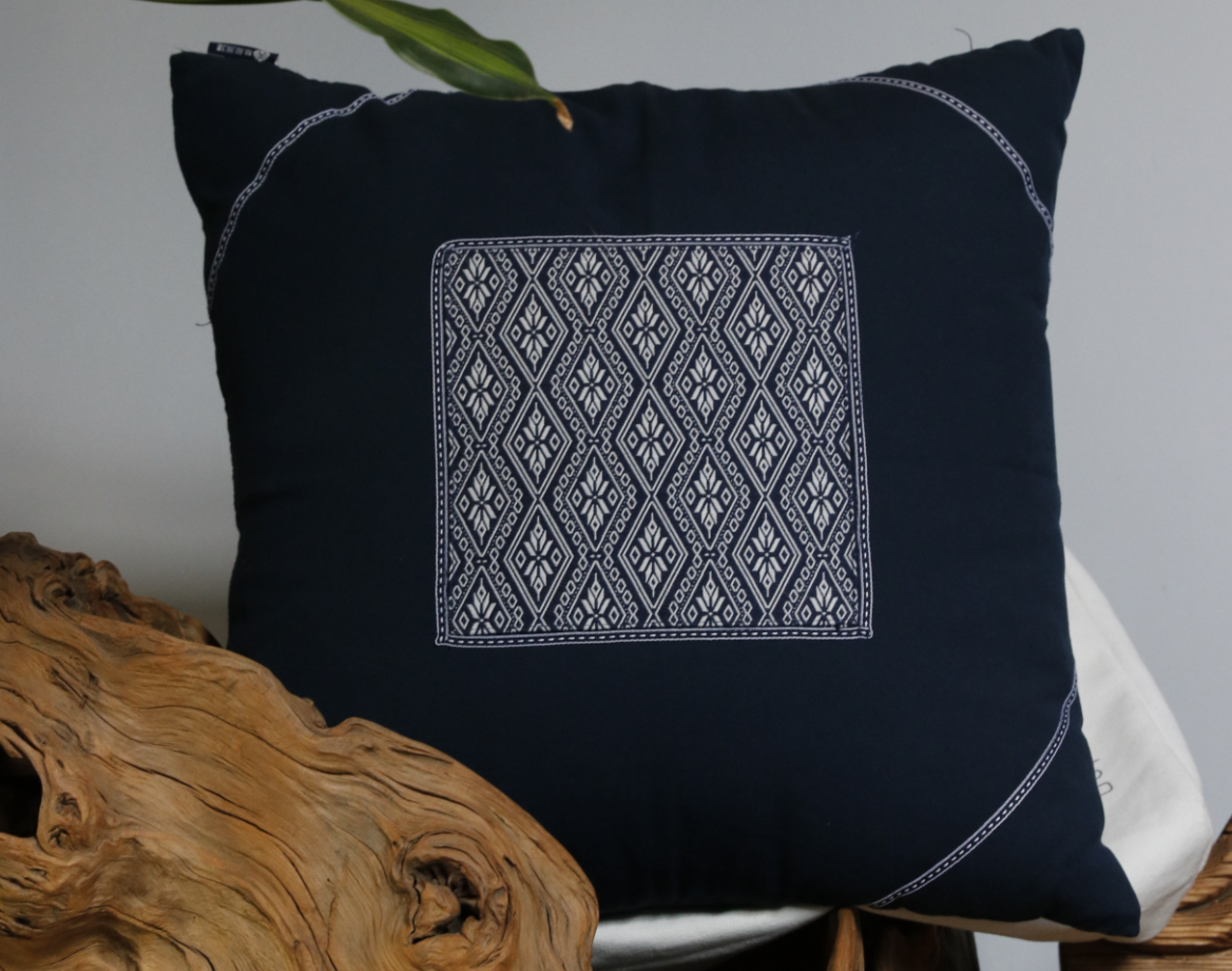 Natural Plant Dyed Cotton Cushion Case with Octagonal Flower Pattern, Unique Floral Pattern Pillowcase Blue, Throw Pillow Cover