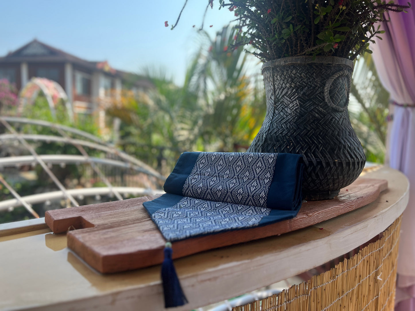 Natural Plant Dyed Cotton Table Runner & Coaster Kit with Octagonal Flower Pattern, Unique Pattern Tableware Kit Blue, Anniversary Tableware