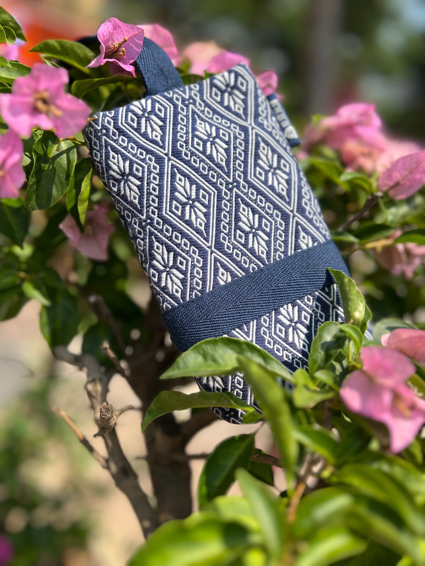 Natural Plant Dyed Cotton iPhone Holder with Octagonal Flower Pattern, Unique Pattern Smartphone Pocket with Strap, Blue iPhone Pocket, Gift
