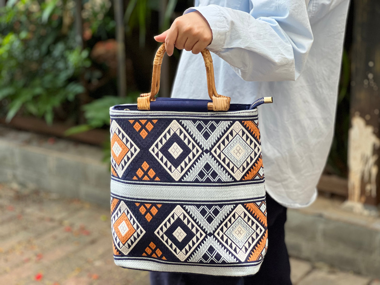 Handmade Natural Plant Dyed Cotton Briefcase with Octagonal Flower Pattern, Unique Pattern Handbag, Bamboo Handle Bag for MacBook 11"