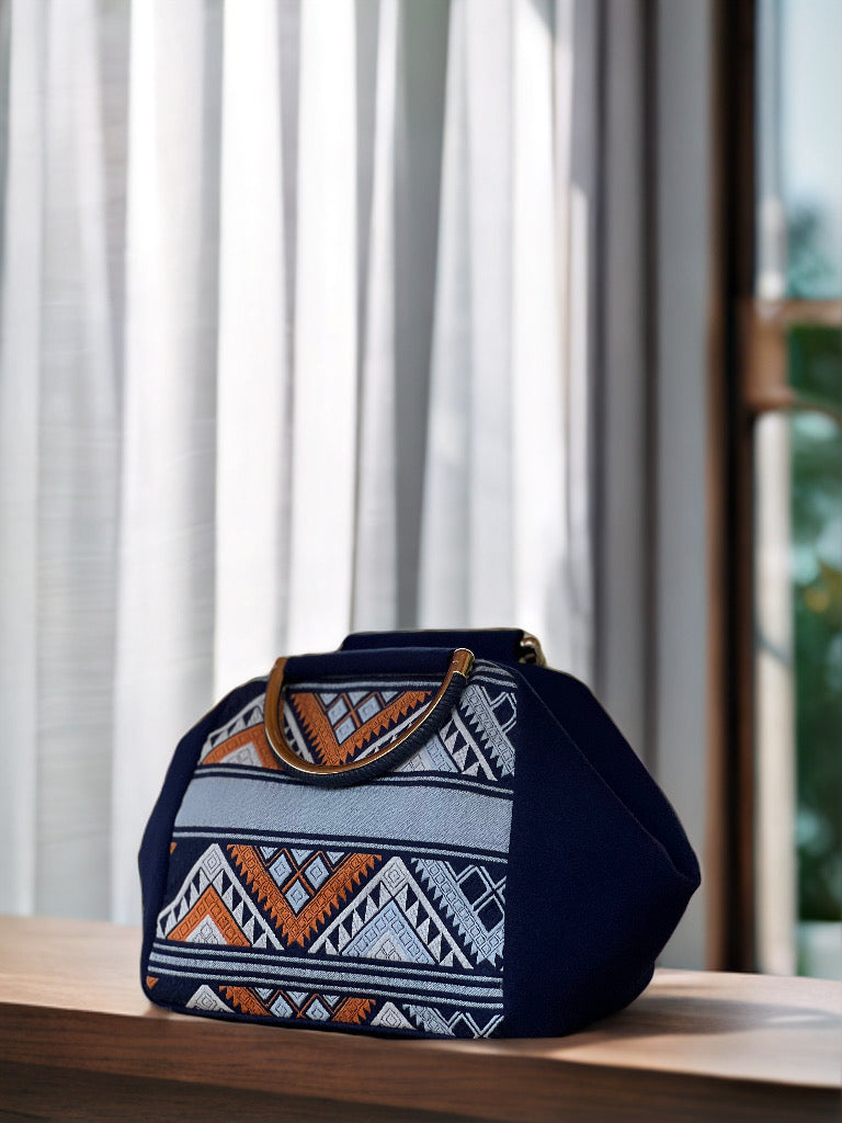 Handmade Natural Plant Dyed Cotton Handbag with Octagonal Flower Pattern, Unique Pattern Handle Bag for Women, Blue, Gift for Her