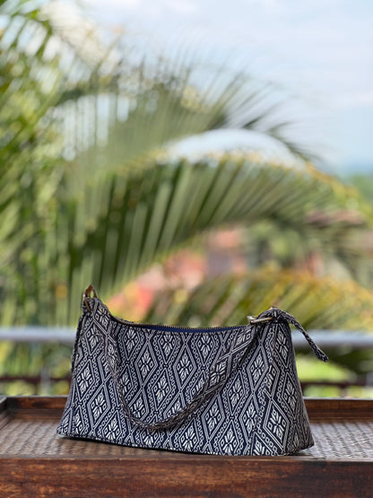 Handmade Natural Plant Dyed Cotton Underarm Bag with Octagonal Flower Pattern, Unique Pattern Shoulder Bag for Women, Blue, Gift for Her