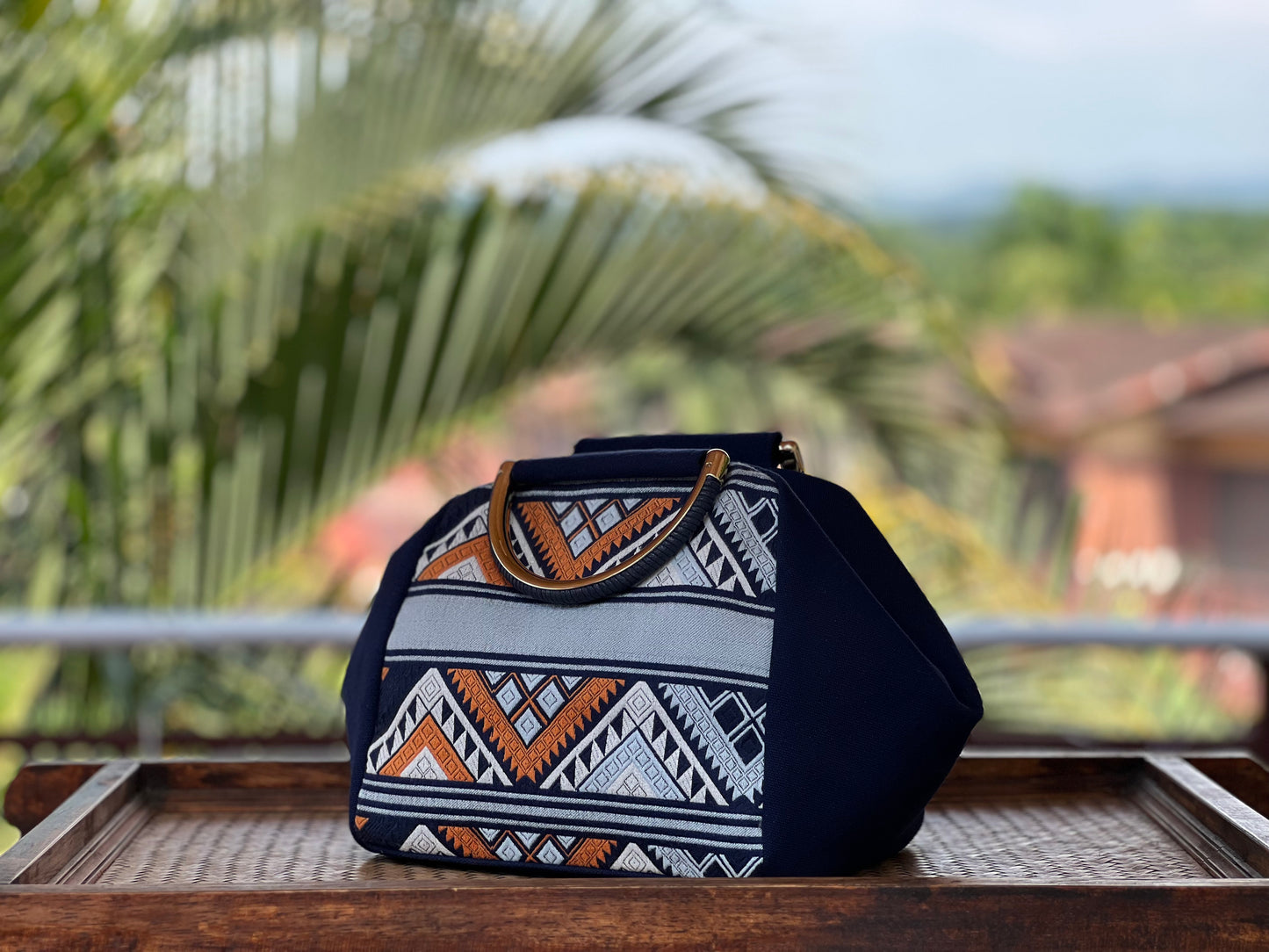 Handmade Natural Plant Dyed Cotton Handbag with Octagonal Flower Pattern, Unique Pattern Handle Bag for Women, Blue, Gift for Her