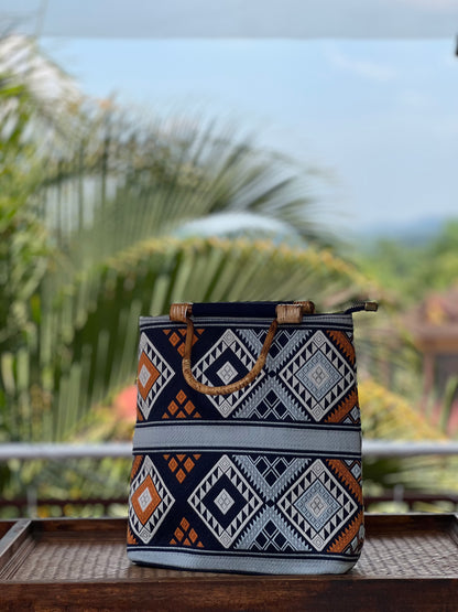 Handmade Natural Plant Dyed Cotton Briefcase with Octagonal Flower Pattern, Unique Pattern Handbag, Bamboo Handle Bag for MacBook 11"