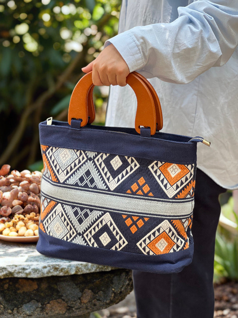 Handmade Natural Plant Dye Cotton Briefcase with Octagonal Flower Pattern, Unique Pattern Handbag, PU Handle Bag for MacBook 13"