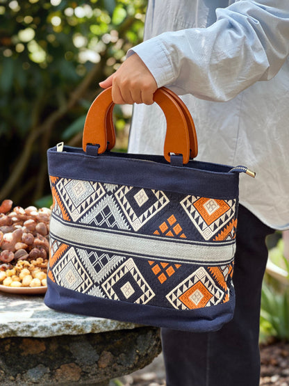 Handmade Natural Plant Dye Cotton Briefcase with Octagonal Flower Pattern, Unique Pattern Handbag, PU Handle Bag for MacBook 13"