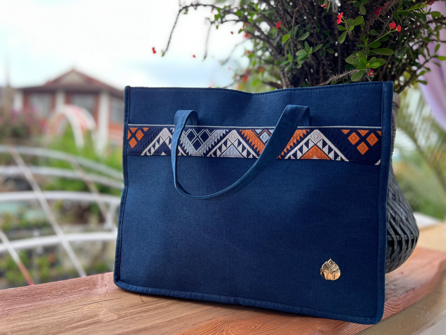 Handmade Natural Plant Dyed Cotton Briefcase with Octagonal Flower Pattern, Unique Pattern Handbag, Shoulder Bag for MacBook 13" Laptop