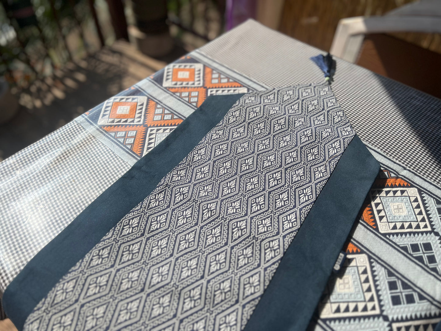 Natural Plant Dyed Cotton Table Runner & Coaster Kit with Octagonal Flower Pattern, Unique Pattern Tableware Kit Blue, Anniversary Tableware