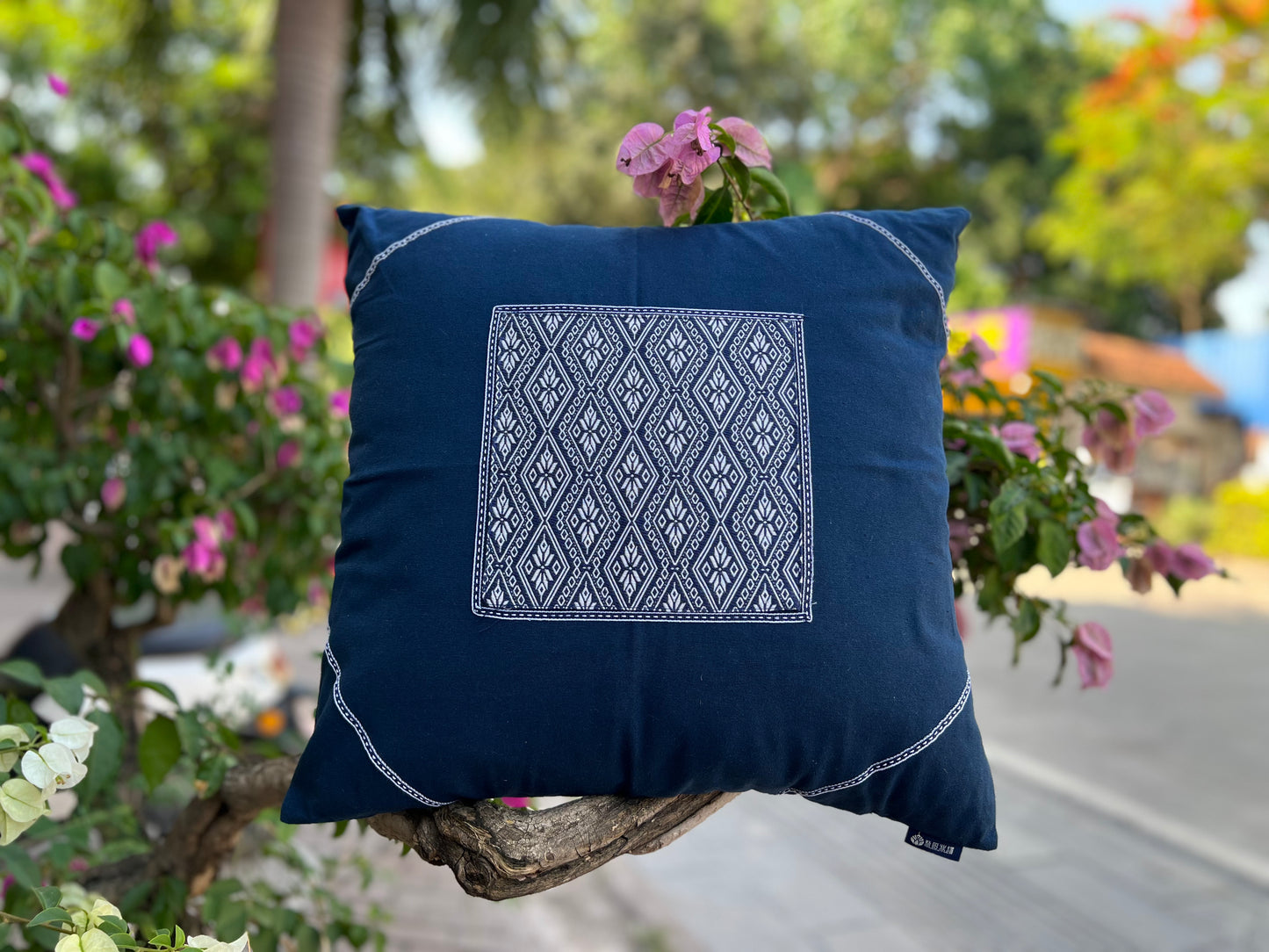Natural Plant Dyed Cotton Cushion Case with Octagonal Flower Pattern, Unique Floral Pattern Pillowcase Blue, Throw Pillow Cover