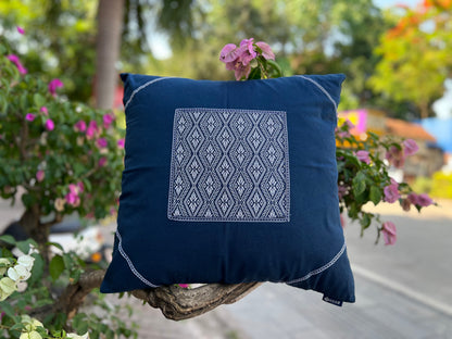 Natural Plant Dyed Cotton Cushion Case with Octagonal Flower Pattern, Unique Floral Pattern Pillowcase Blue, Throw Pillow Cover
