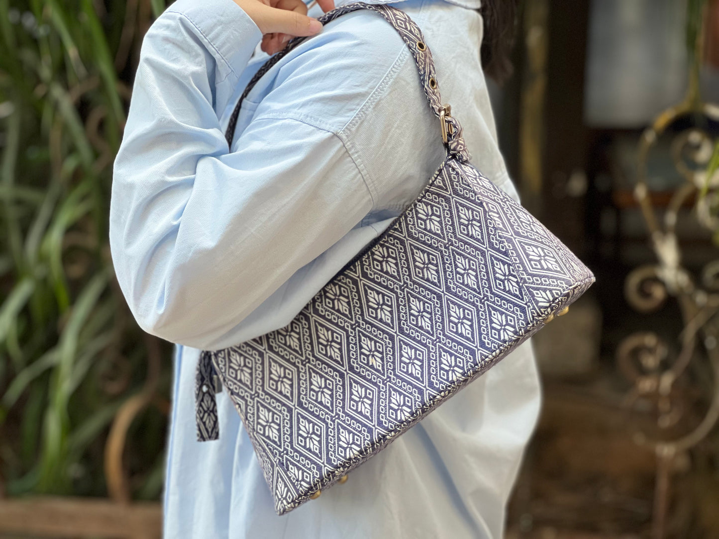 Handmade Natural Plant Dyed Cotton Underarm Bag with Octagonal Flower Pattern, Unique Pattern Shoulder Bag for Women, Blue, Gift for Her