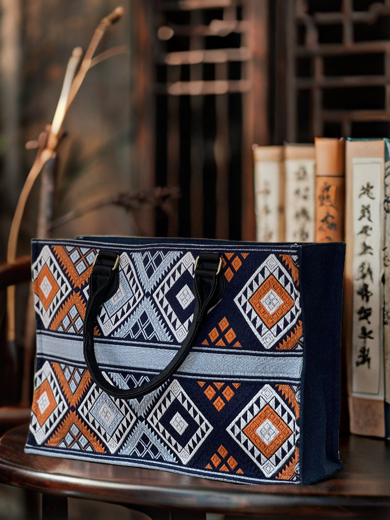 Handmade Natural Plant Dyed Cotton Briefcase with Octagonal Flower Pattern, Unique Pattern Handbag, Zipper Handle Bag for MacBook 13"