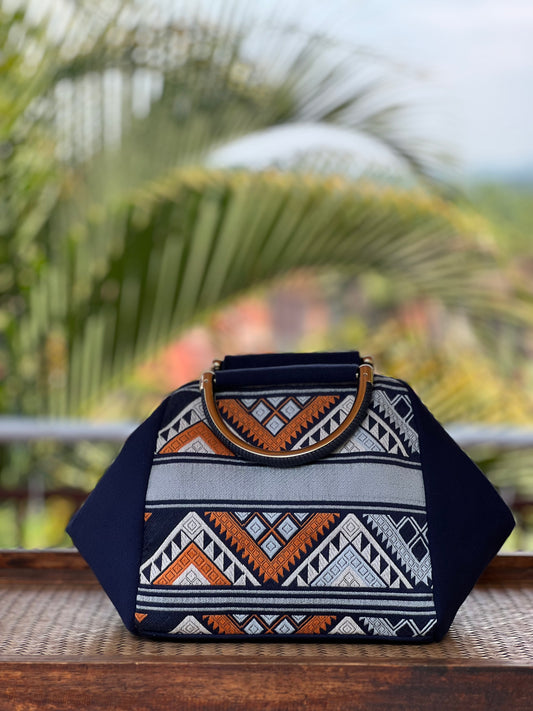 Handmade Natural Plant Dyed Cotton Handbag with Octagonal Flower Pattern, Unique Pattern Handle Bag for Women, Blue, Gift for Her