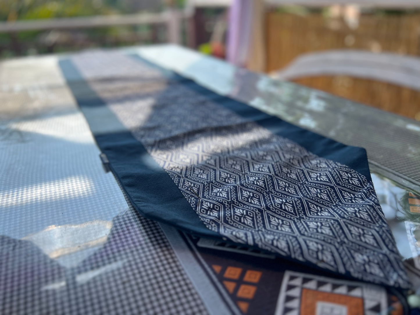 Natural Plant Dyed Cotton Table Runner & Coaster Kit with Octagonal Flower Pattern, Unique Pattern Tableware Kit Blue, Anniversary Tableware