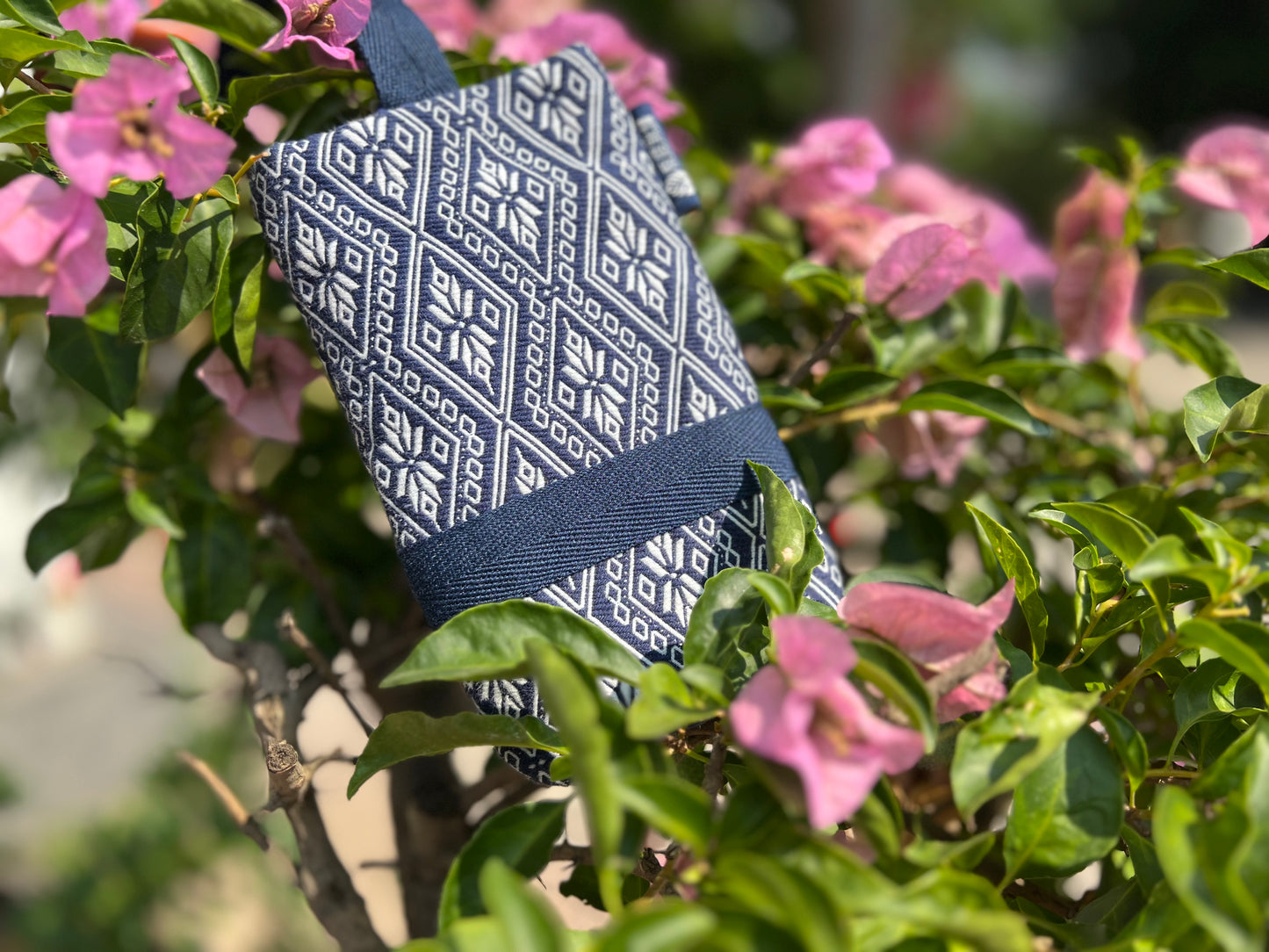 Natural Plant Dyed Cotton iPhone Holder with Octagonal Flower Pattern, Unique Pattern Smartphone Pocket with Strap, Blue iPhone Pocket, Gift